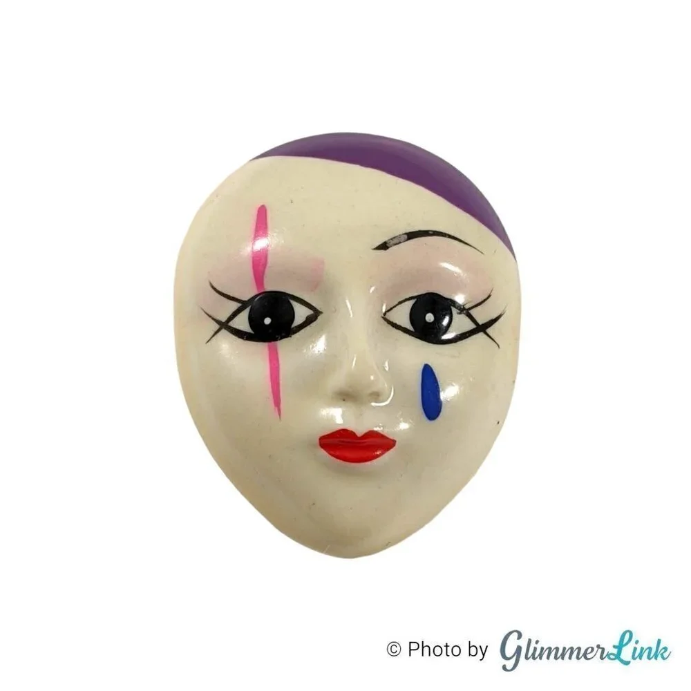 Vintage Colorful Theatrical Mime Mask Resin Brooch Pin